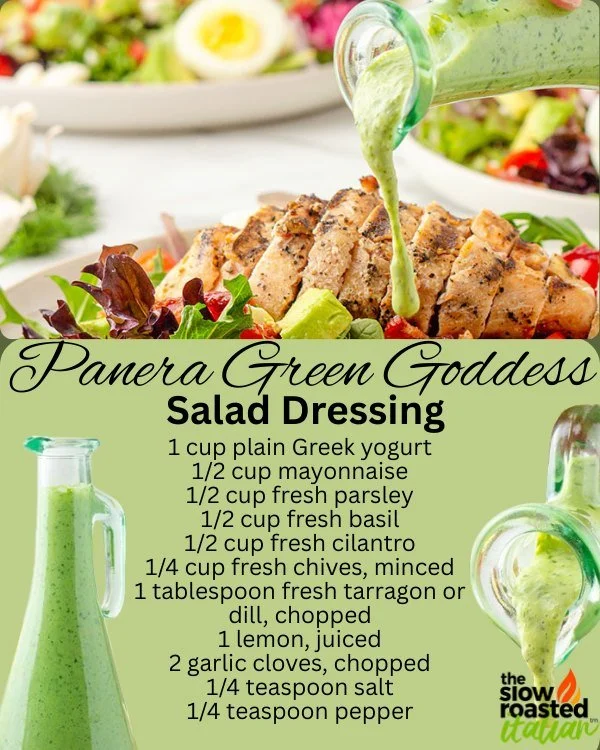 Green Goddess salad dressing made with fresh herbs and creamy ingredients.