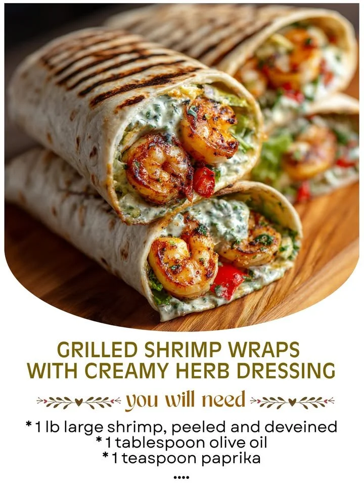 Dish of grilled shrimp wraps with creamy herb dressing served on a plate