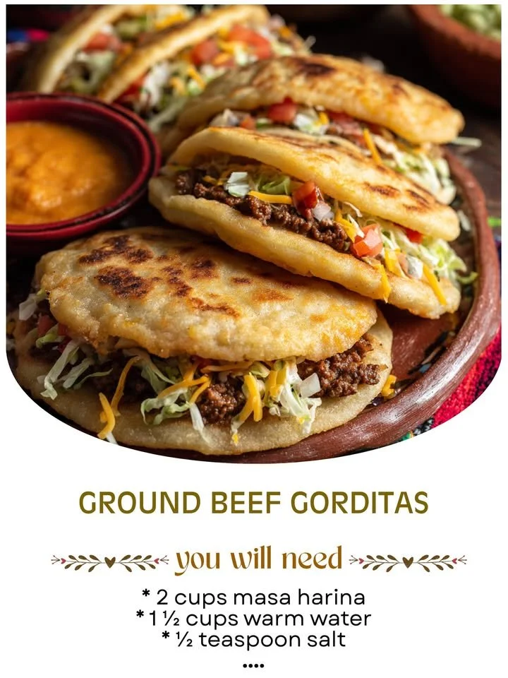 Delicious ground beef gorditas served with fresh toppings.