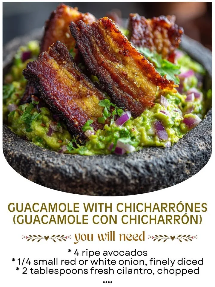 Guacamole served with crispy fried pork rinds in a bowl