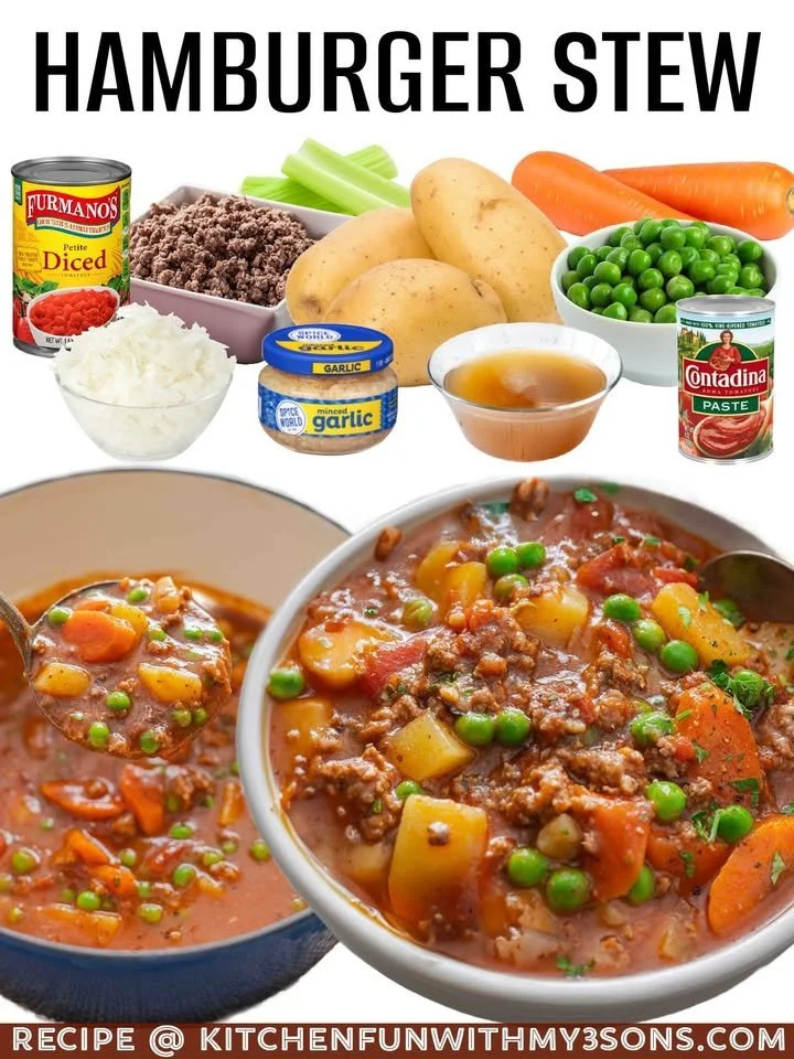 A bowl of hearty Hamburger Stew with vegetables and beef.
