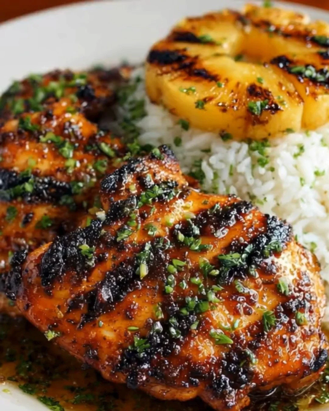Hawaiian Chicken served with fluffy Coconut Rice on a vibrant plate.