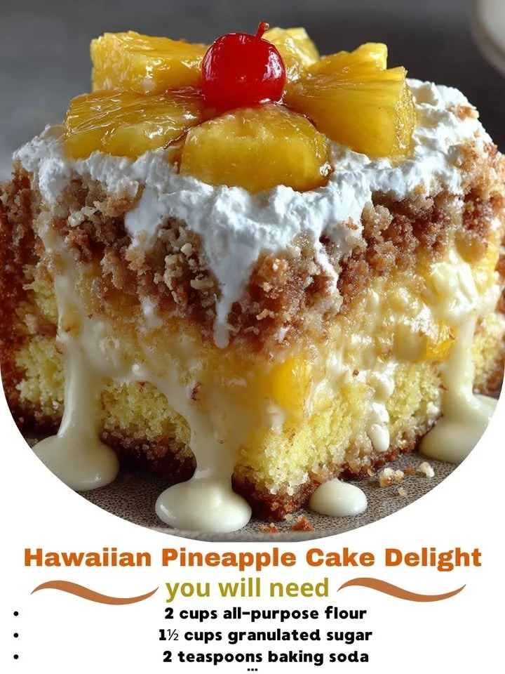 Slice of Hawaiian Pineapple Cake Delight topped with fresh pineapple and whipped cream
