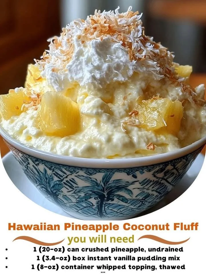 Hawaiian Pineapple Coconut Fluff dessert in a bowl with fresh pineapple and coconut.