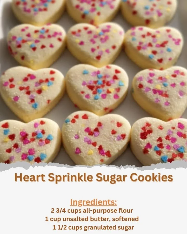 Freshly baked Heart Sprinkle Sugar Cookies decorated with colorful sprinkles.