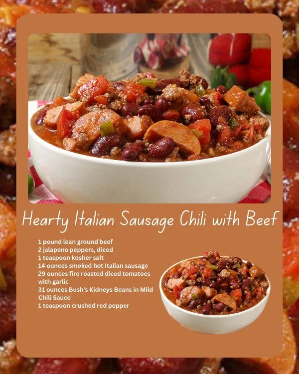 Bowl of hearty Italian sausage chili with beef and spices