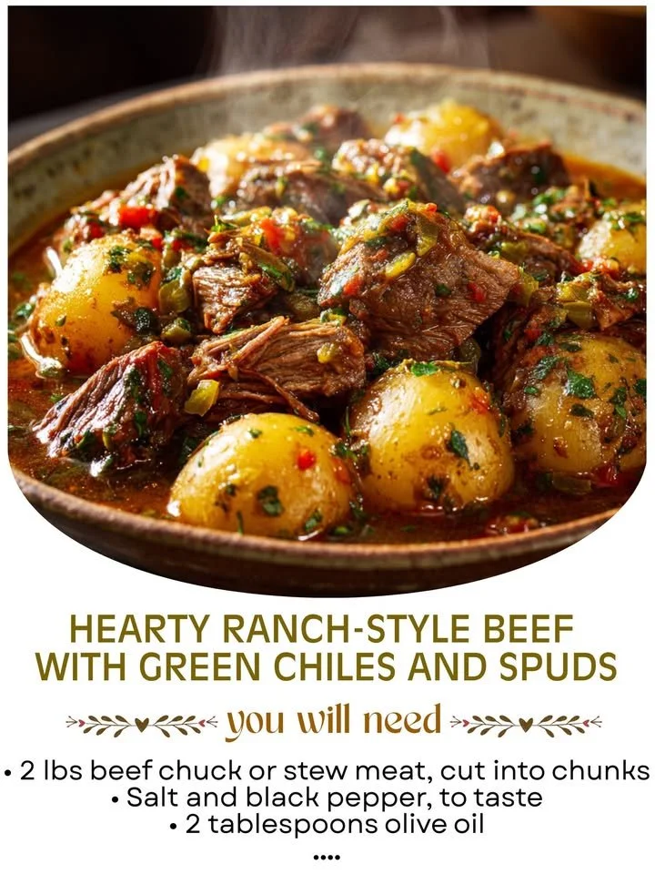 Hearty ranch-style beef with green chiles and potatoes dish ready to serve