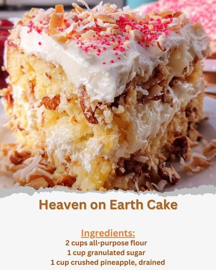 Delicious slice of Heaven on Earth Cake topped with cream and fruit.