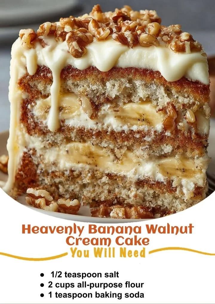 Slice of Heavenly Banana Walnut Cream Cake topped with walnuts and cream