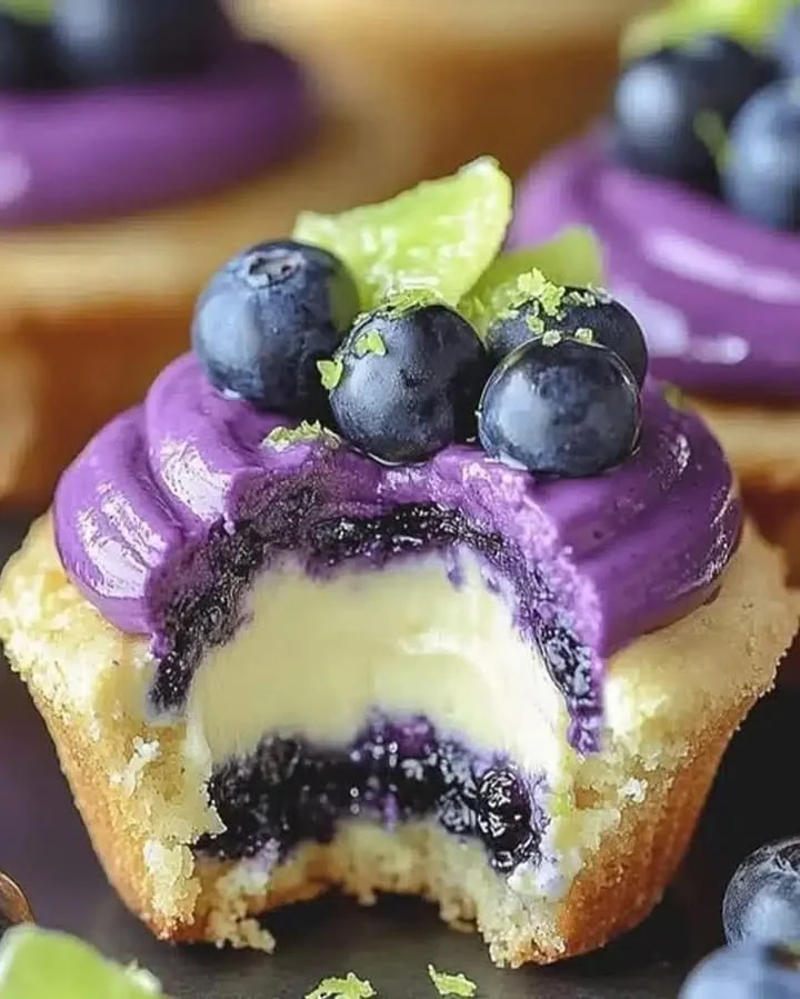 Delicious blueberry lime cheesecake cupcakes topped with fresh blueberries