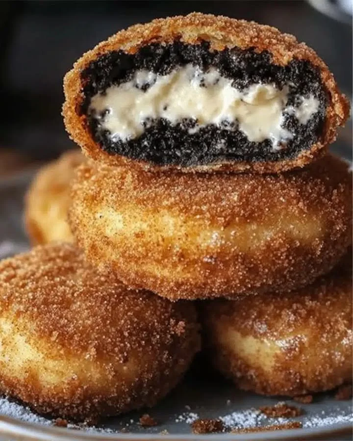 Heavenly churro cream cheese bombs served on a plate with cinnamon sugar