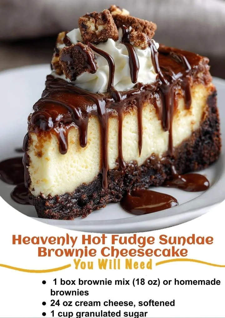 Decadent hot fudge sundae brownie cheesecake topped with whipped cream and chocolate sauce
