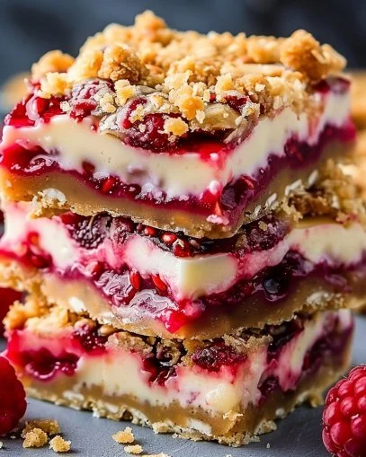 Heavenly raspberry cheesecake bars topped with fresh raspberries