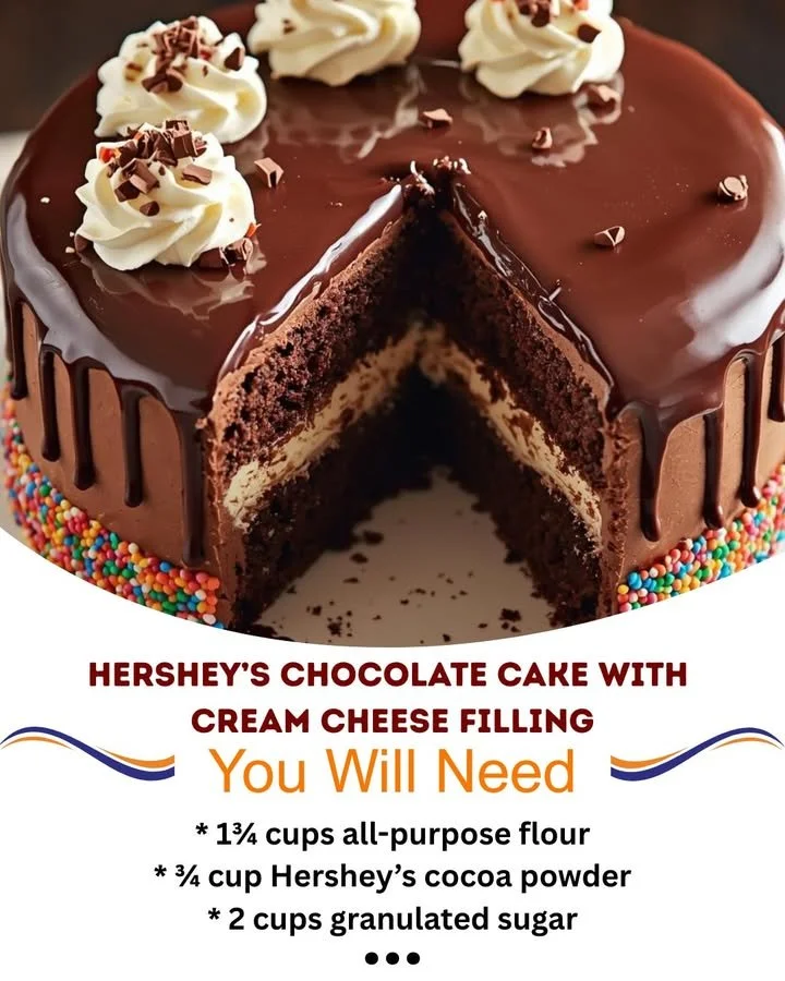 HERSHEY'S chocolate cake with cream cheese filling on a white plate