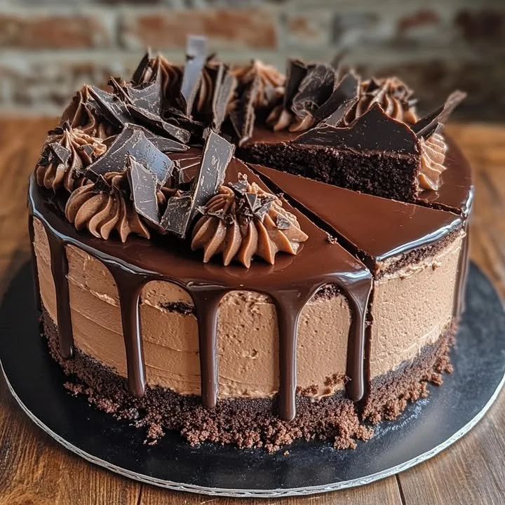 Delicious Hershey's chocolate cheesecake cake with a creamy topping and chocolate drizzle