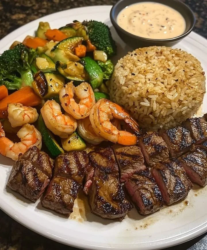 Hibachi Steak and Shrimp Plate with fried rice and vegetables served on a plate