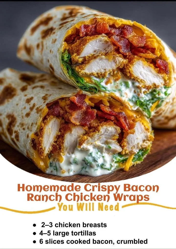 Homemade crispy bacon ranch chicken wraps with fresh ingredients.