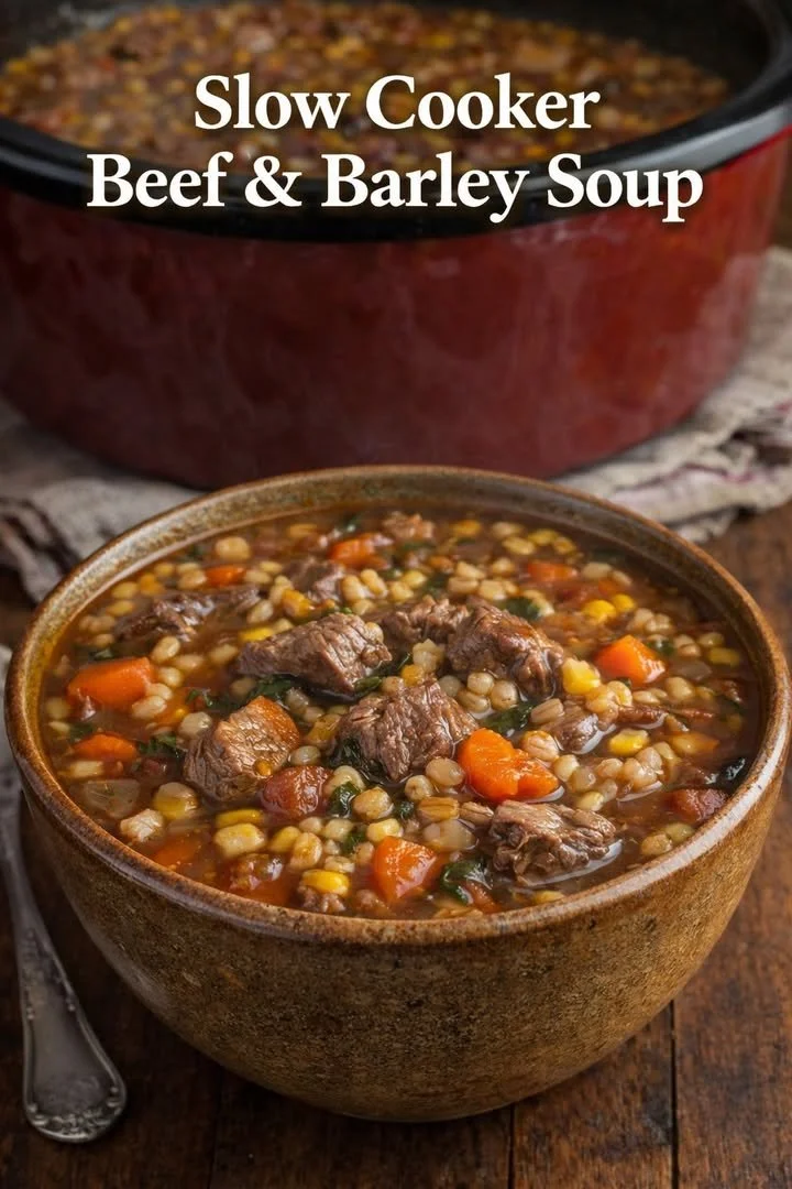 Delicious homemade slow cooker beef and barley soup with fresh vegetables