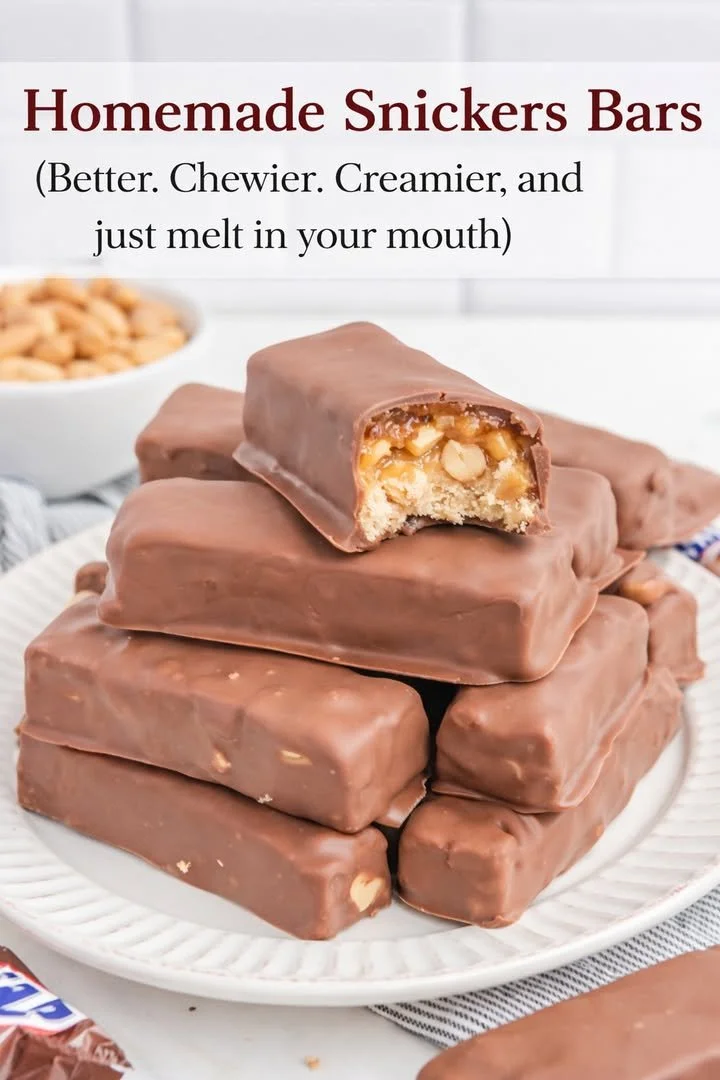 Delicious homemade Snickers Bars cut into squares on a wooden board.