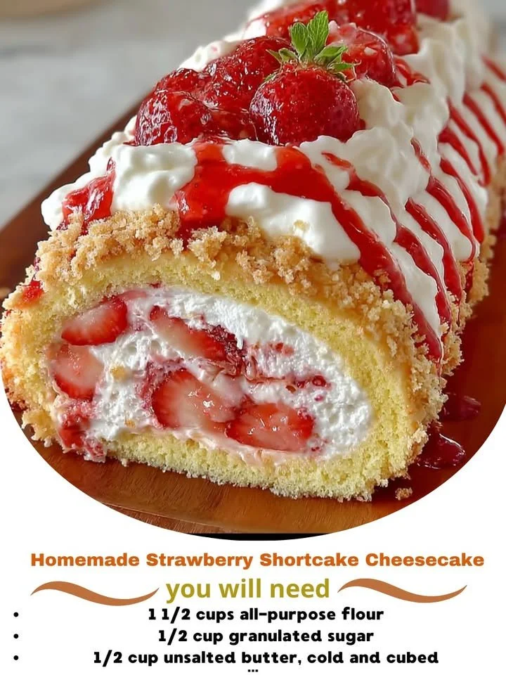 Homemade strawberry shortcake cheesecake topped with fresh strawberries and whipped cream