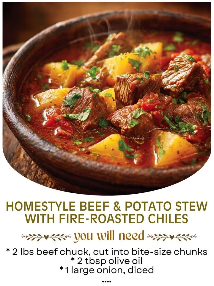 Bowl of homestyle beef stew with potatoes and fire-roasted chiles