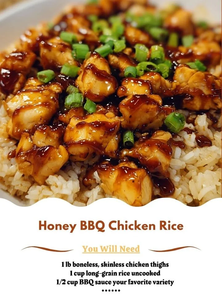 Plate of Honey BBQ Chicken served over rice with garnishes