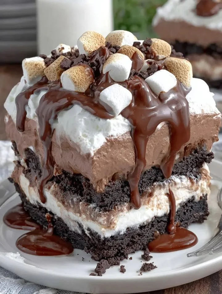 Decadent hot chocolate lasagna dessert with rich layers of chocolate and cream.