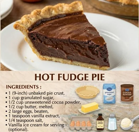 Delicious hot fudge pie served with ice cream and chocolate sauce.