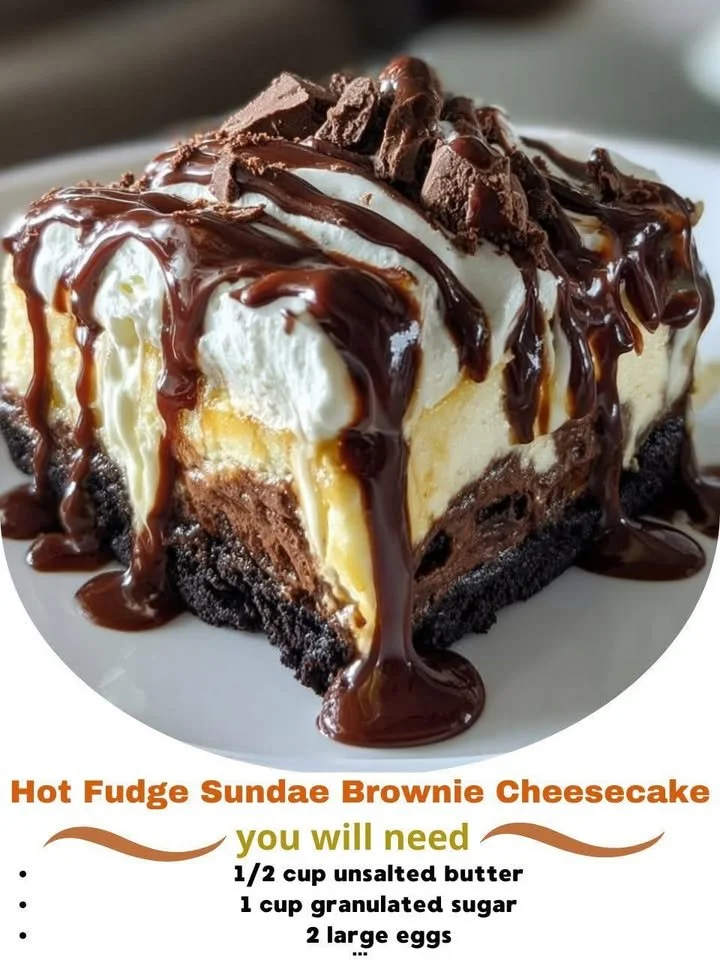 Hot Fudge Sundae Cheesecake with brownie base and chocolate drizzle