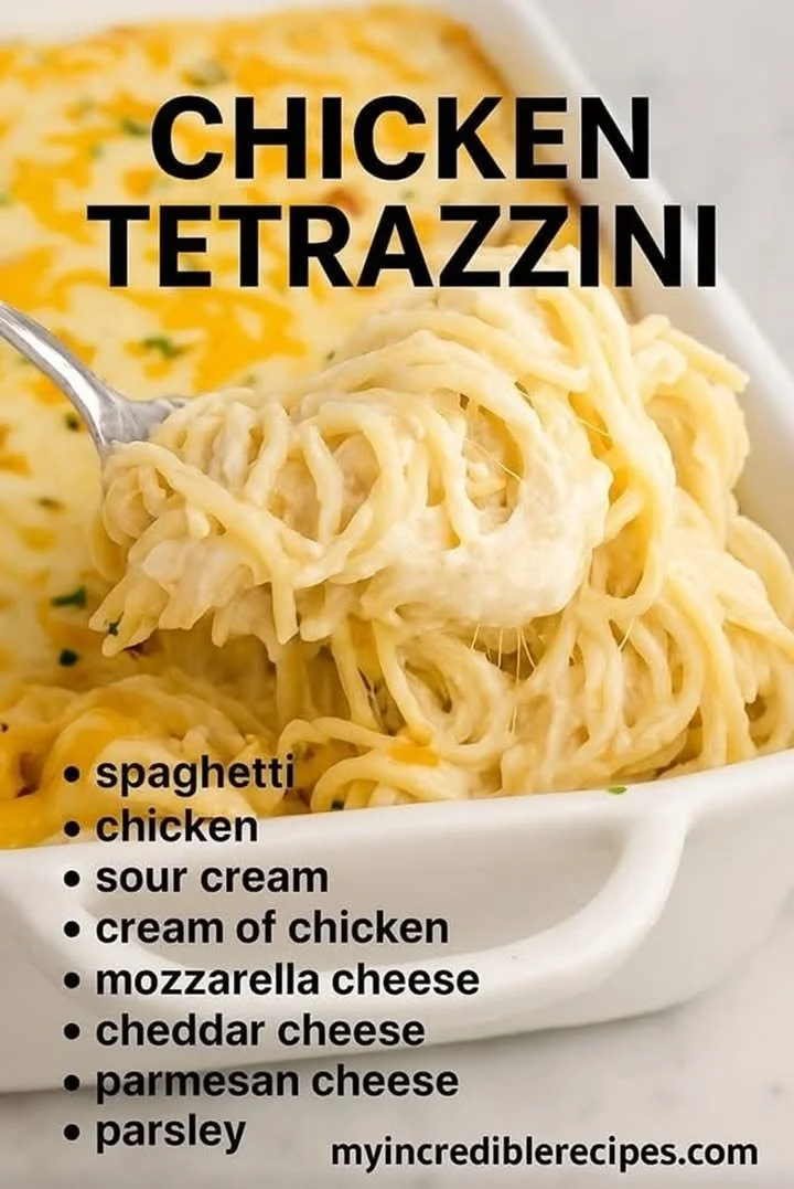 Delicious serving of Chicken Tetrazzini with pasta and chicken in creamy sauce.