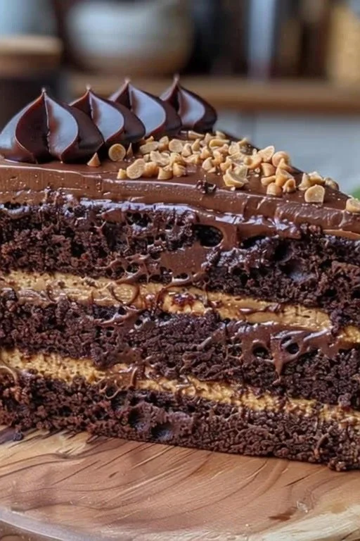 Irresistible chocolate peanut butter cake decorated with frosting and peanuts.