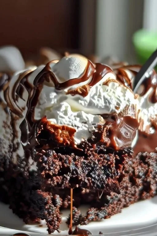 Irresistible Marshmallow Chocolate Poke Cake topped with marshmallows and chocolate