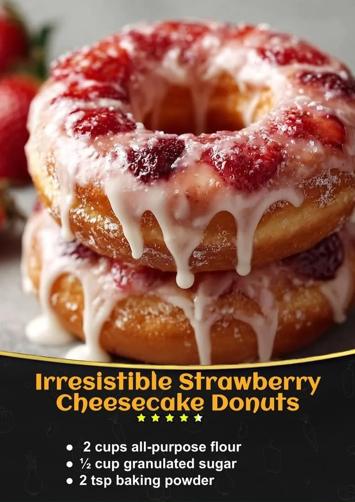 Delicious strawberry cheesecake donuts topped with fresh strawberries and cream.