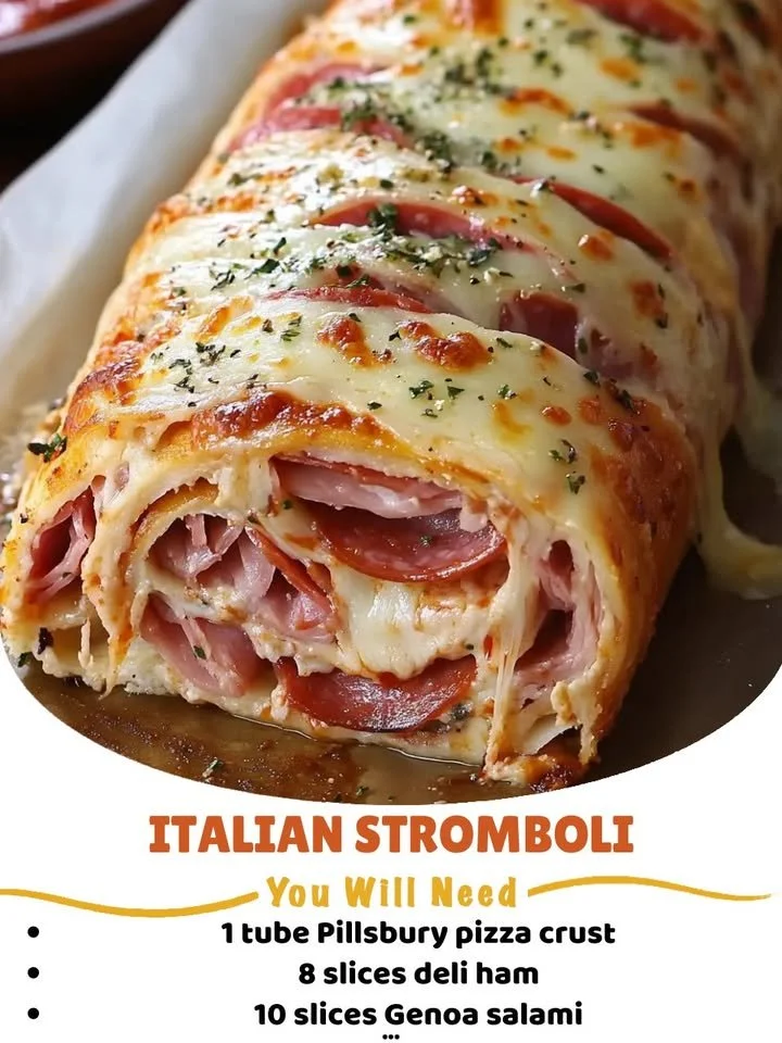 Delicious Italian Stromboli filled with cheese, meats, and veggies