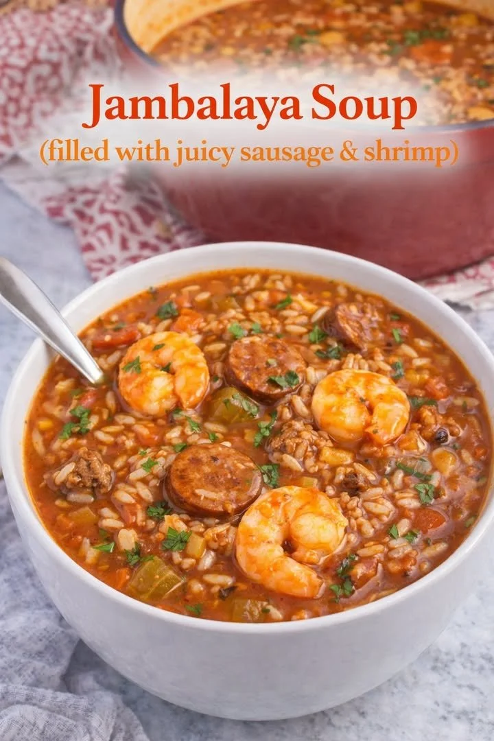 Bowl of vibrant jambalaya soup with shrimp, sausage, and vegetables