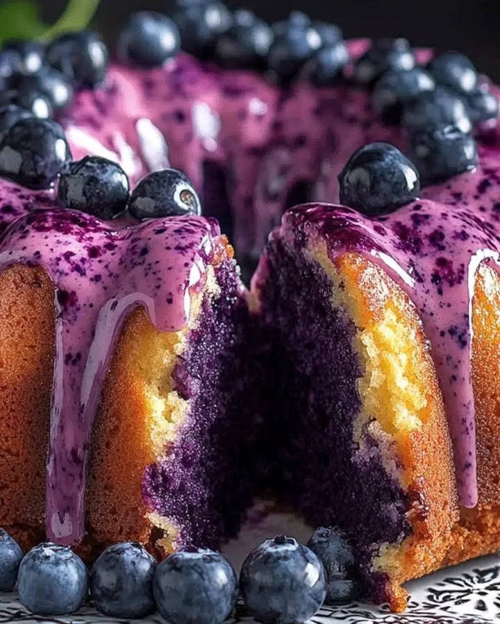 Deliciously moist blueberry pudding cake topped with fresh blueberries and cream.