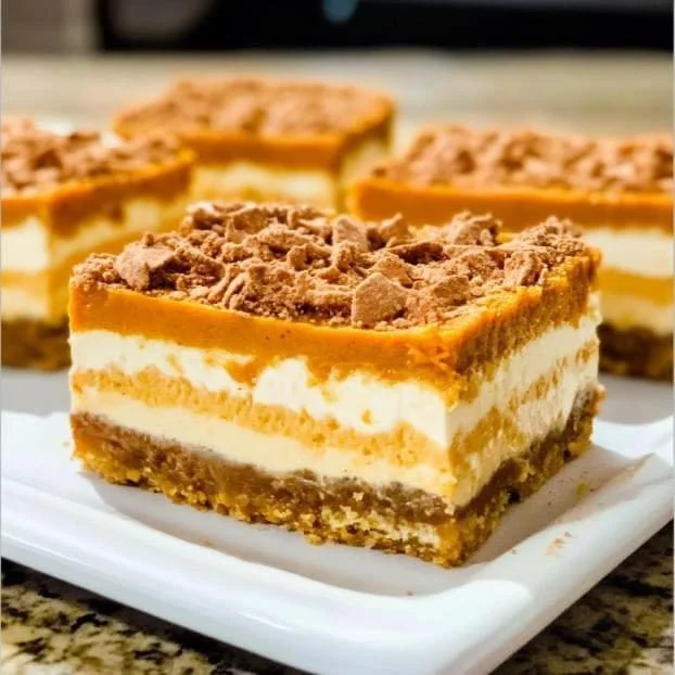 Layered Pumpkin Cheesecake Bars with creamy pumpkin and cheesecake layers