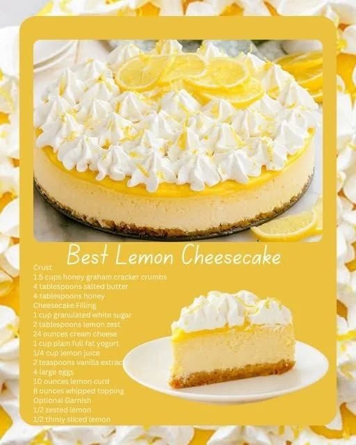 Delicious homemade Lemon Cheesecake topped with lemon zest and fresh berries.