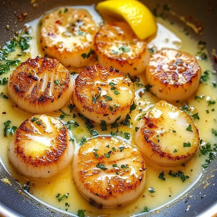 Lemon Garlic Butter Scallops served on a plate garnished with herbs.