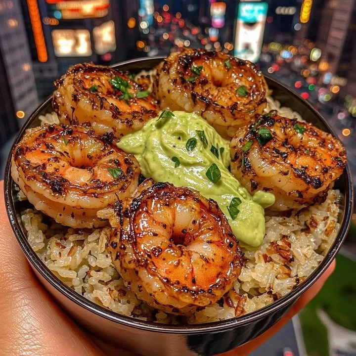 Lemon garlic shrimp rice bowls served with avocado cilantro cream.