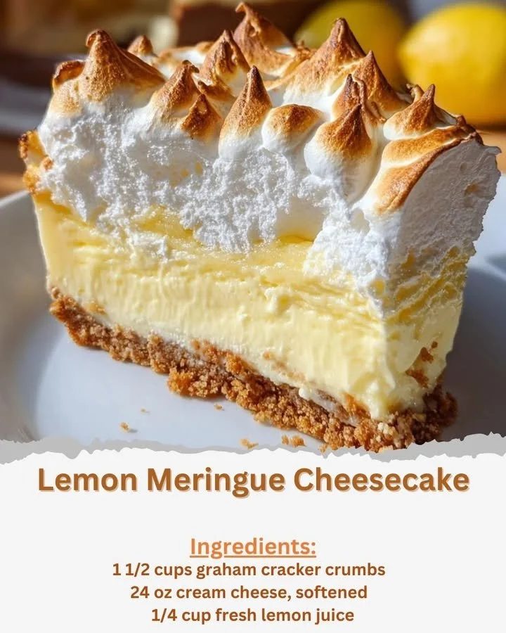 Slice of lemon meringue cheesecake topped with fresh lemon zest and meringue