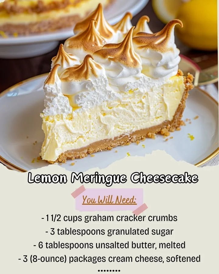 Delicious slice of Lemon Meringue Cheesecake topped with fluffy meringue