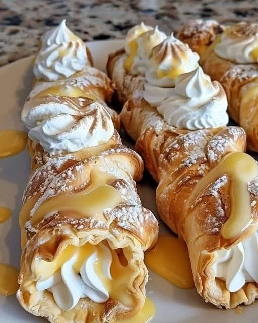 Delicious Lemon Meringue Pie Cannolis with lemon filling and meringue topping.