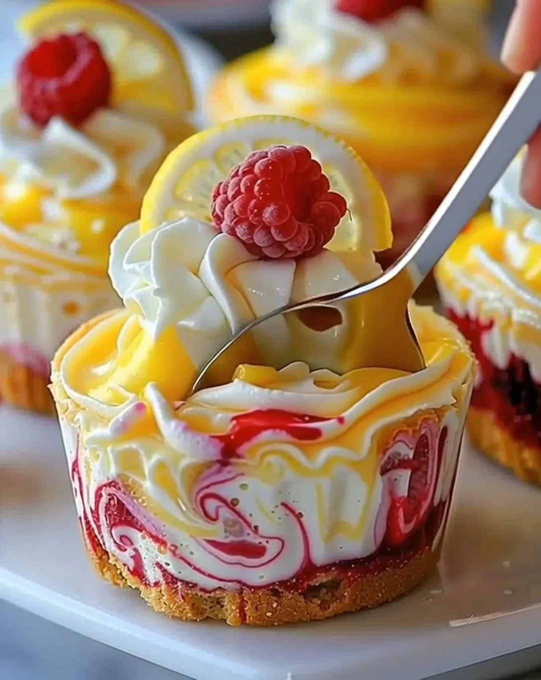 Lemon Raspberry Swirl Cheesecake Cup topped with fresh raspberries and lemon zest