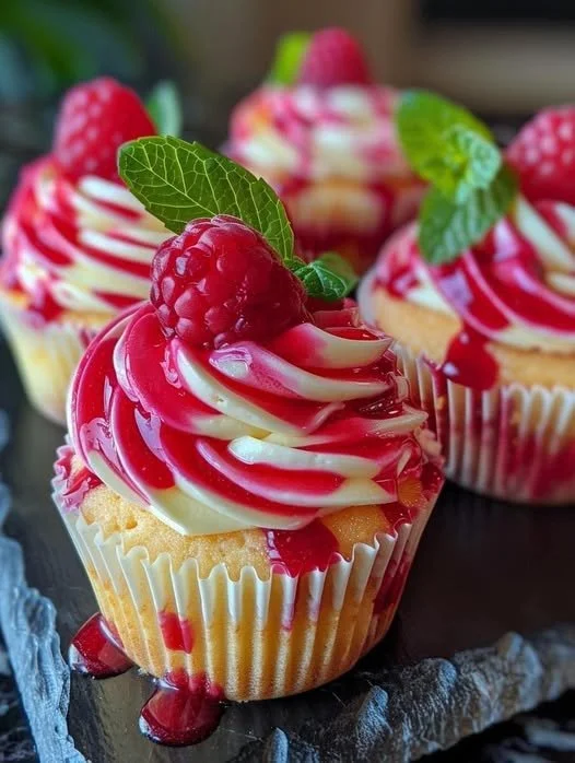 Lemon Raspberry Swirl Cheesecake Cupcakes arranged on a dessert plate