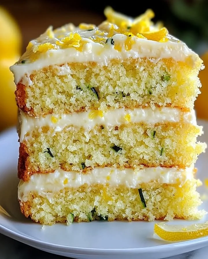 Lemon zucchini cake with cream cheese frosting on a plate