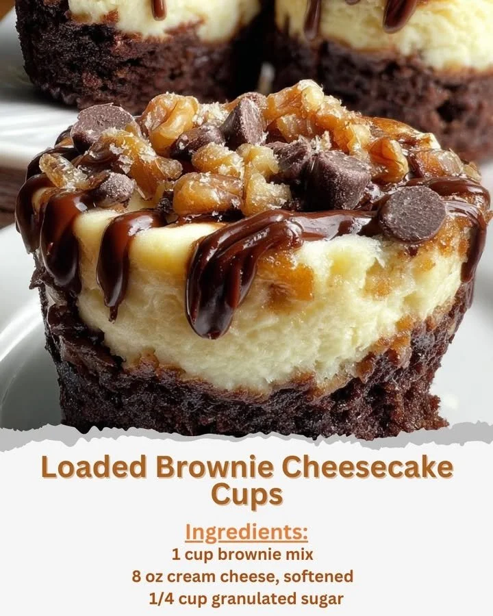 Loaded brownie cheesecake cups topped with chocolate and whipped cream.
