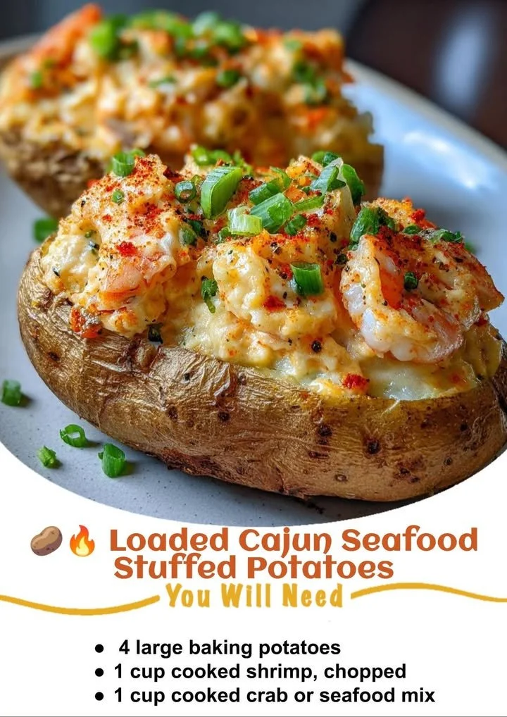 Loaded Cajun seafood stuffed potatoes topped with shrimp and spices