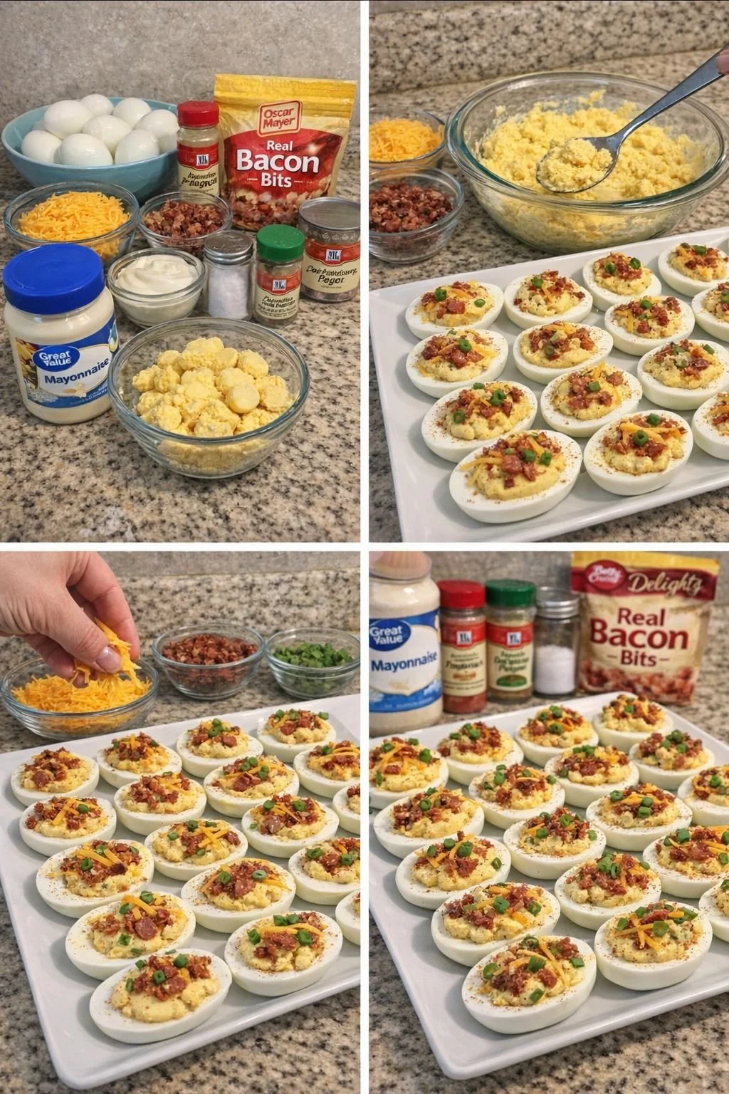 Plate of Loaded Deviled Eggs topped with garnishes