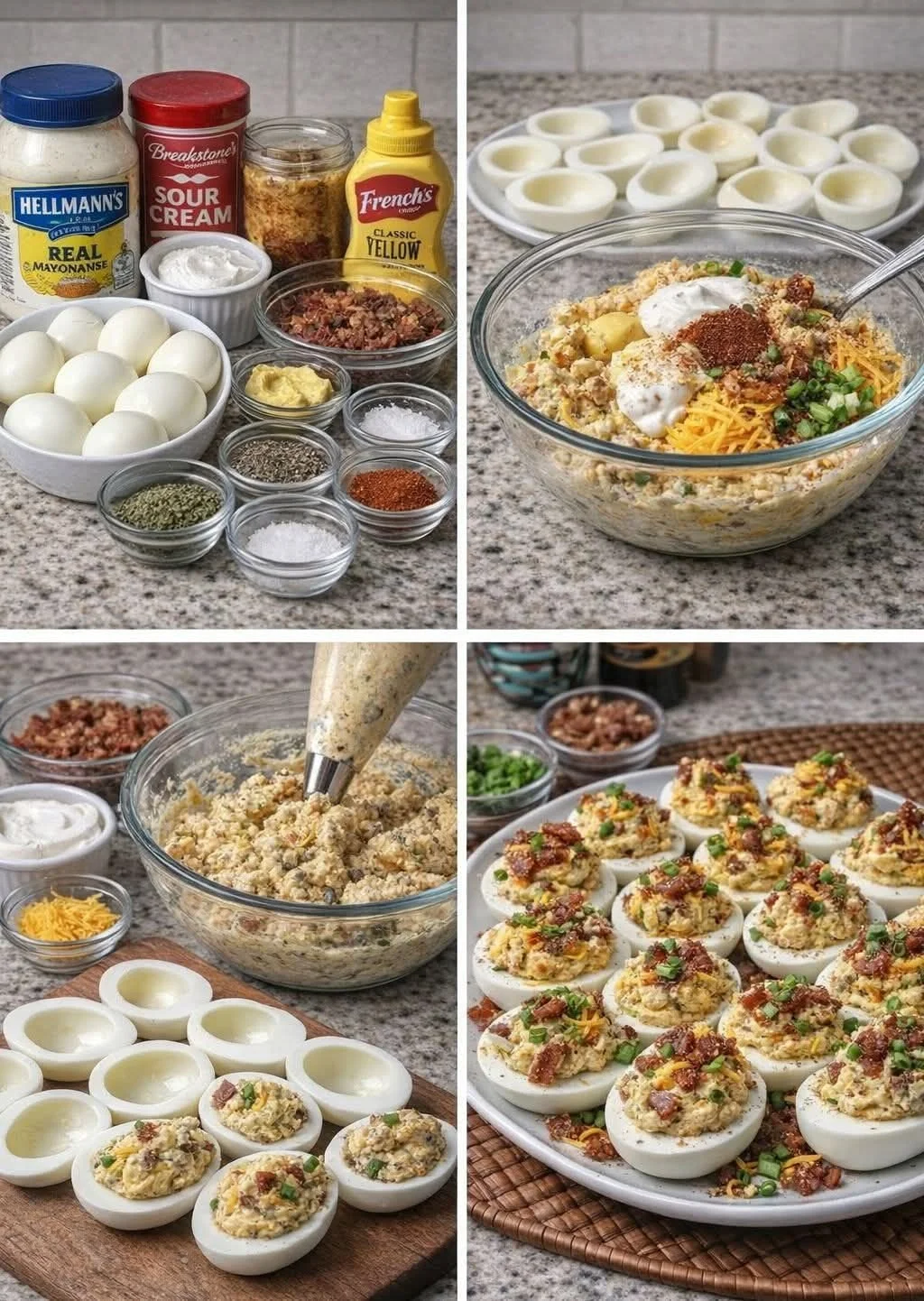 Loaded deviled eggs topped with bacon and herbs for a tasty twist.